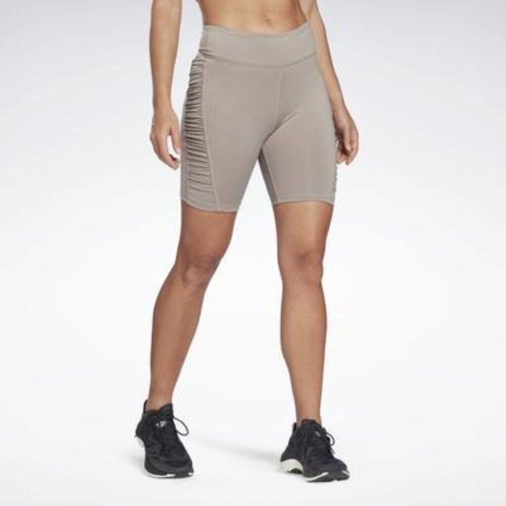 Reebok Women's Studio Ruched High Rise Legging Shorts in Boulder Grey Size S